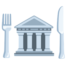 Classical building and Fork and knife with plate