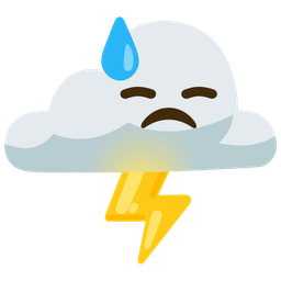 cloud with lightning and downcast face with sweat