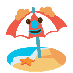 clown face and beach with umbrella
