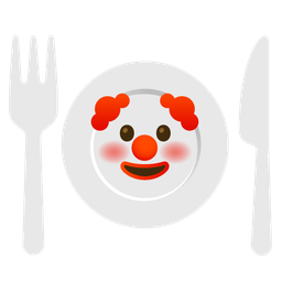 clown face and fork and knife with plate