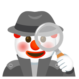 clown face and magnifying glass tilted right