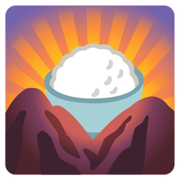 Cooked rice and Sunrise over mountains