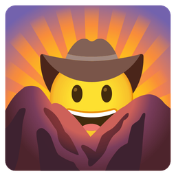 cowboy hat face and sunrise over mountains