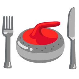 curling stone and fork and knife with plate