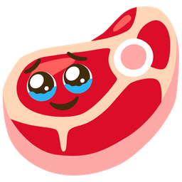 cut of meat and face holding back tears