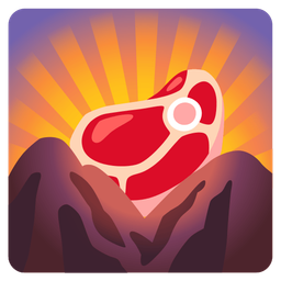 cut of meat and sunrise over mountains