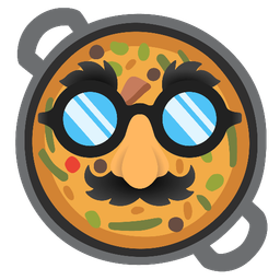 disguised face and shallow pan of food