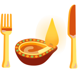 diya lamp and fork and knife with plate