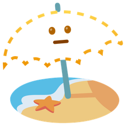 dotted line face and beach with umbrella