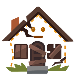 dotted line face and derelict house