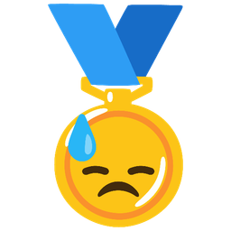 downcast face with sweat and 1st place medal