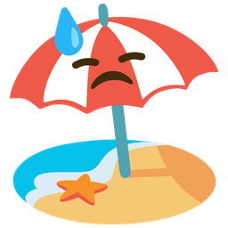 downcast face with sweat and beach with umbrella