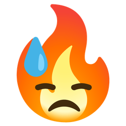 downcast face with sweat and fire