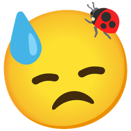 downcast face with sweat and lady beetle