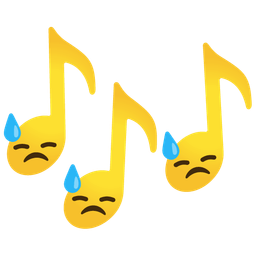 downcast face with sweat and musical notes