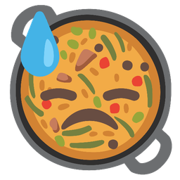 downcast face with sweat and shallow pan of food