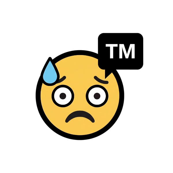 Downcast face with sweat and Trade mark