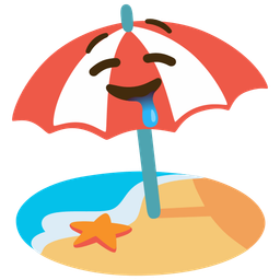 drooling face and beach with umbrella