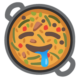 drooling face and shallow pan of food