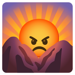 enraged face and sunrise over mountains