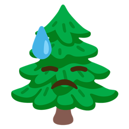 evergreen tree and downcast face with sweat