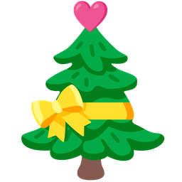 evergreen tree and heart with ribbon