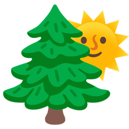 evergreen tree and sun with face