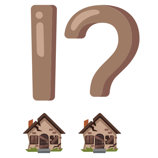 Exclamation question mark and Derelict house