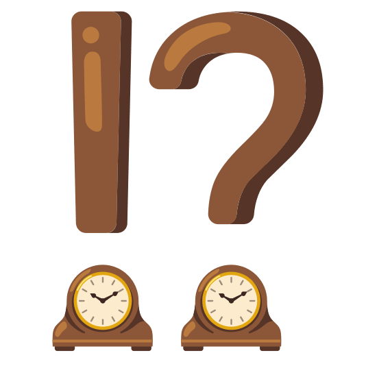 Exclamation question mark and Mantelpiece clock