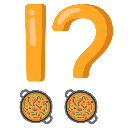 Exclamation question mark and Shallow pan of food