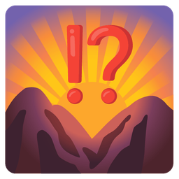 exclamation question mark and sunrise over mountains