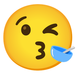 face blowing a kiss and bowl with spoon