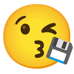 face blowing a kiss and floppy disk