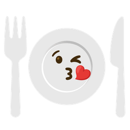 face blowing a kiss and fork and knife with plate