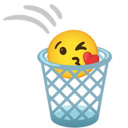 face blowing a kiss and wastebasket