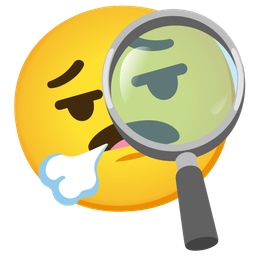 face exhaling and magnifying glass tilted right