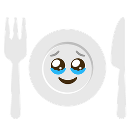 Face holding back tears and Fork and knife with plate