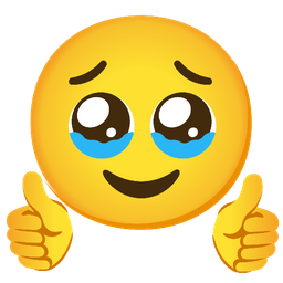 Face holding back tears and Thumbs up