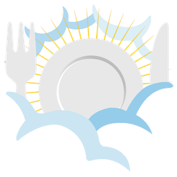 face in clouds and fork and knife with plate