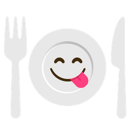 face savoring food and fork and knife with plate