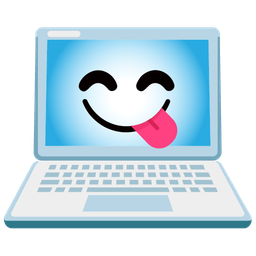 face savoring food and laptop