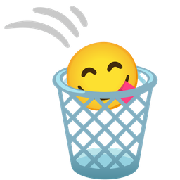 face savoring food and wastebasket