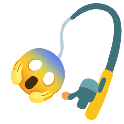 face screaming in fear and fishing pole