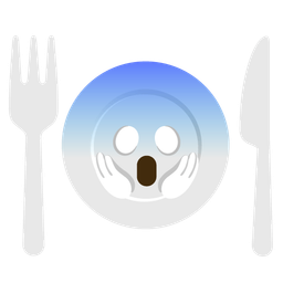 face screaming in fear and fork and knife with plate