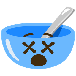 face with crossed-out eyes and bowl with spoon