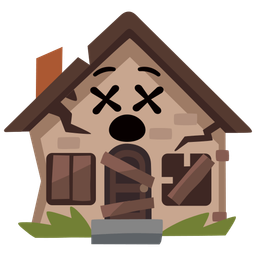 face with crossed-out eyes and derelict house