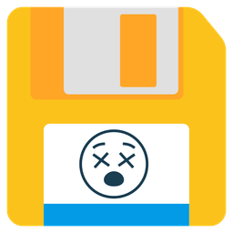 face with crossed-out eyes and floppy disk