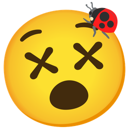 face with crossed-out eyes and lady beetle