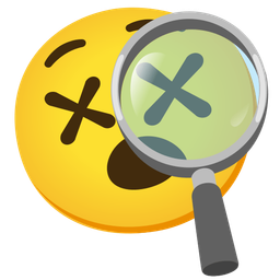 face with crossed-out eyes and magnifying glass tilted right