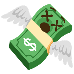 face with crossed-out eyes and money with wings